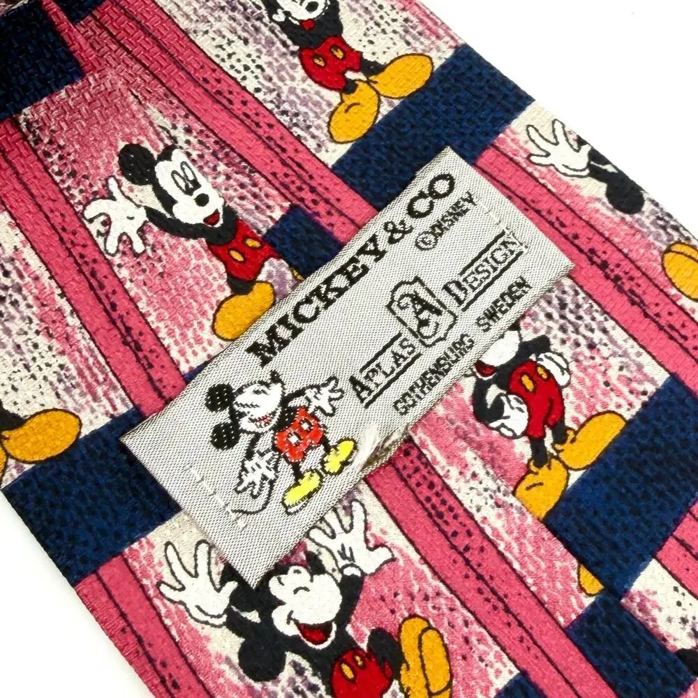 Vintage 90s Mickey & Co Disney Pink Navy 100% Silk Mickey Mouse Necktie